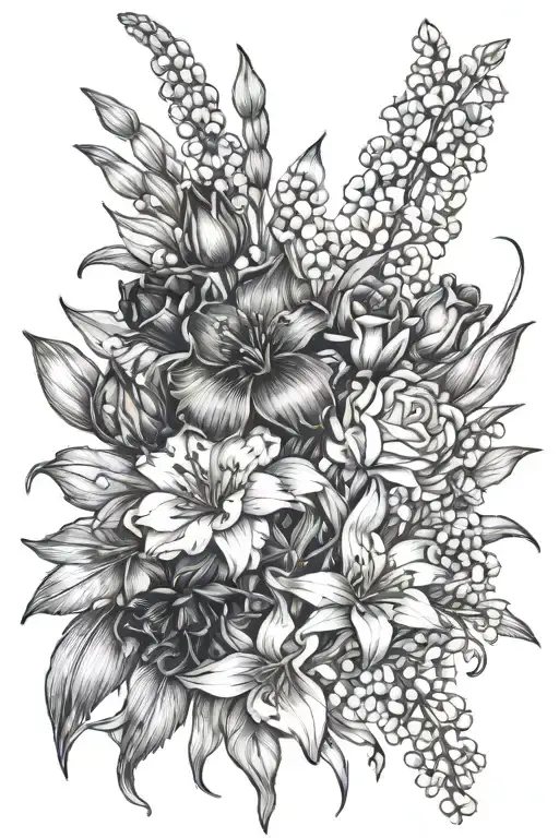 birth flower bouquet made of carnation, snowdrops, gladiolus, poppy, lily of the valley, hawthorn, jonquil, an daffodils tattoo design idea