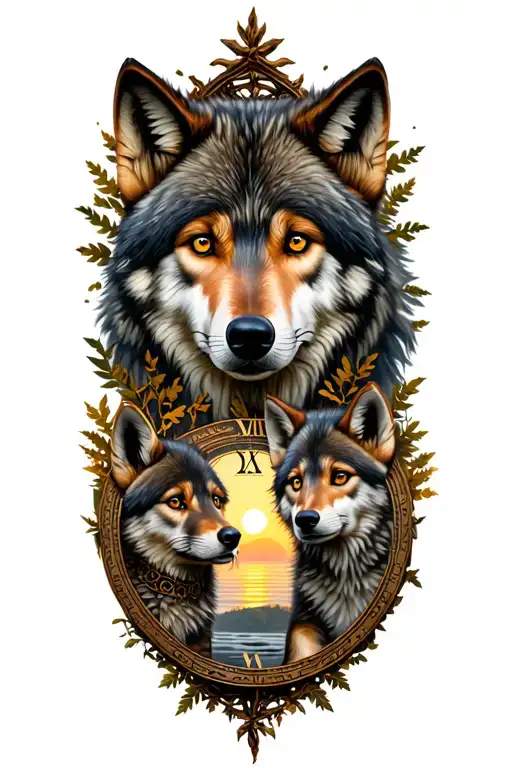 wolf with 2 cubs in a sunset woodland scene featuring a roman clock face tattoo design idea