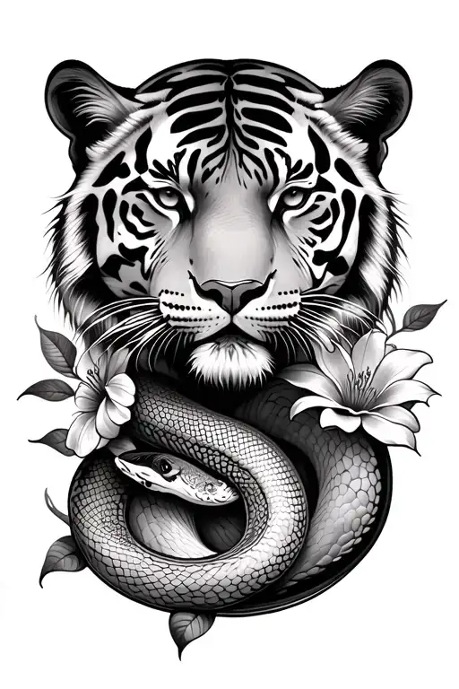 Picture a tattoo, a bb, a combination of two animals "tiger" and "a snake, a flower denoting eternal love. Tattoo will be located N tattoo design idea