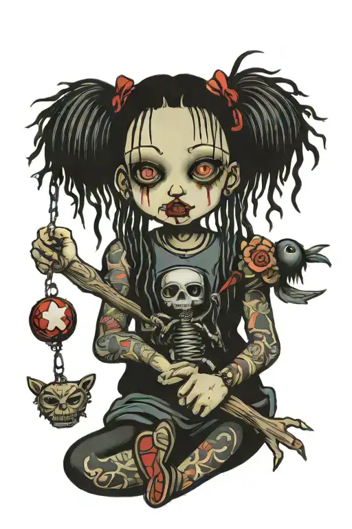 Korn young girl holding voodoo doll tattoo design idea