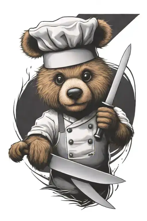 a sarcastic teddy bear who is a professional chef holding a chef knife  tattoo design idea