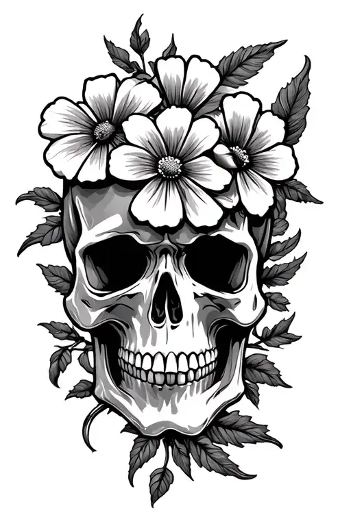 American traditional skull with pinwheel flowers intertwined tattoo design idea