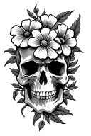 American traditional skull with pinwheel flowers intertwined tattoo design idea
