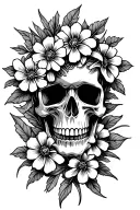American traditional skull with pinwheel flowers intertwined tattoo design idea