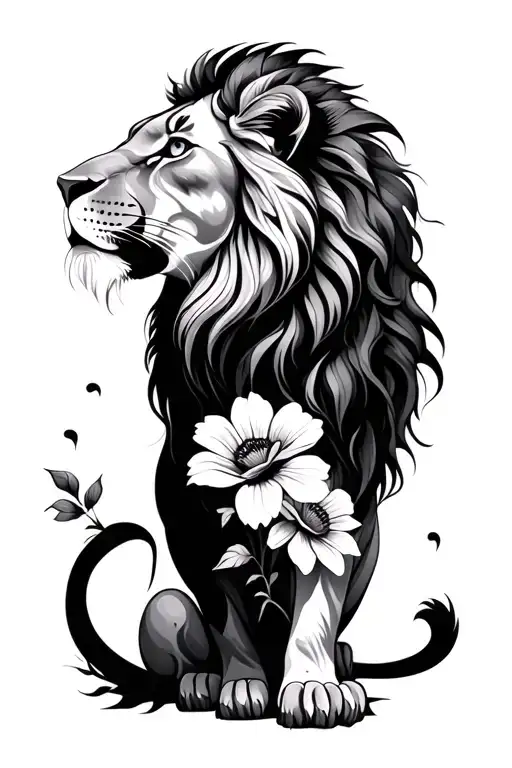 creative female lion with minimal flowers  tattoo design idea