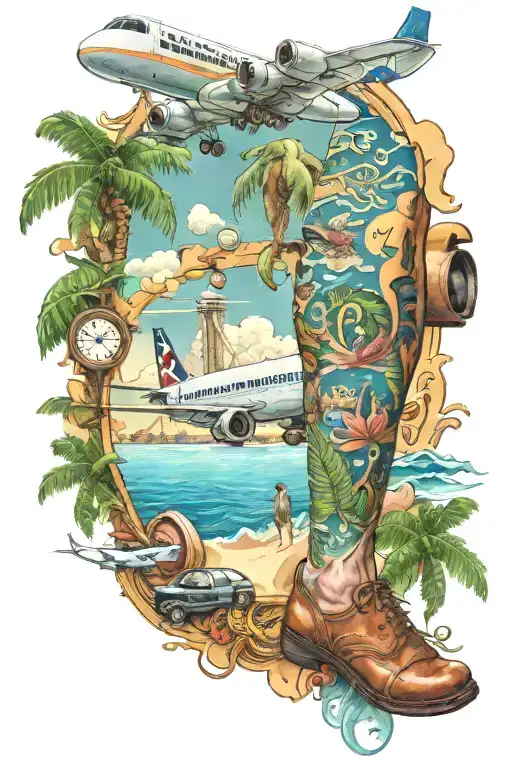 Men’s full leg traveling and Caribbean islands and airplane and cruise tattoo design idea