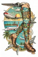 Men’s full leg traveling and Caribbean islands and airplane and cruise tattoo design idea