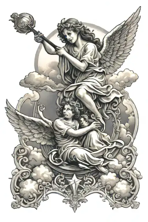 angels, clouds, sunshine tattoo design idea