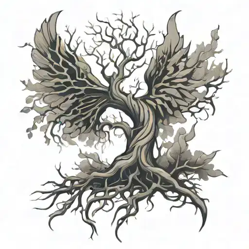 tree roots in the rough shape of wings tattoo design idea