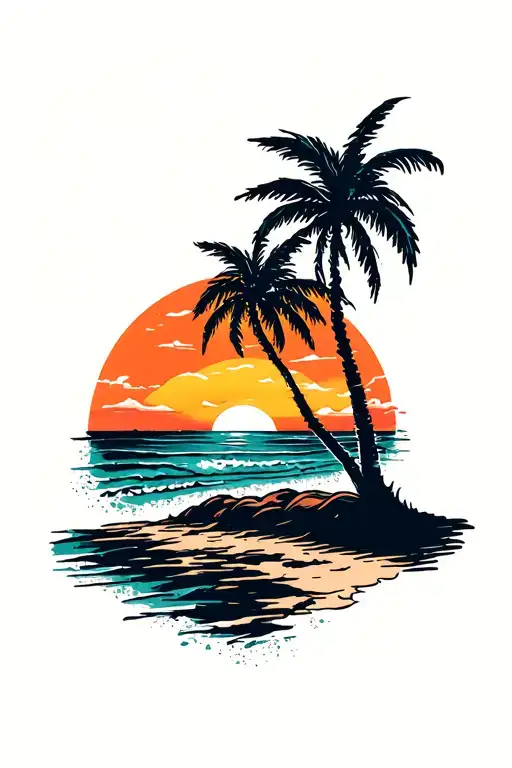 sunset beach scene with palm trees distressed at sides tattoo design idea