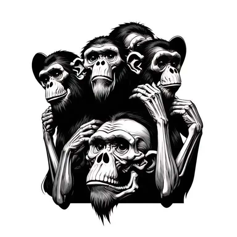 The three monkeys of wisdom transforming in a degraded way into a skeleton tattoo design idea