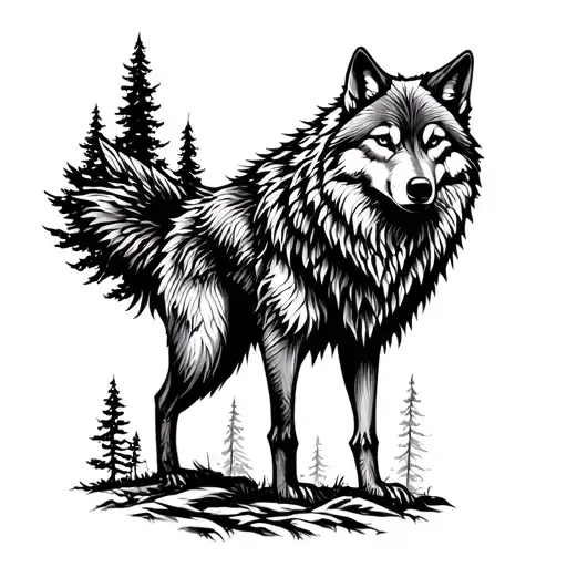 Wolf and forest back tattoo design idea