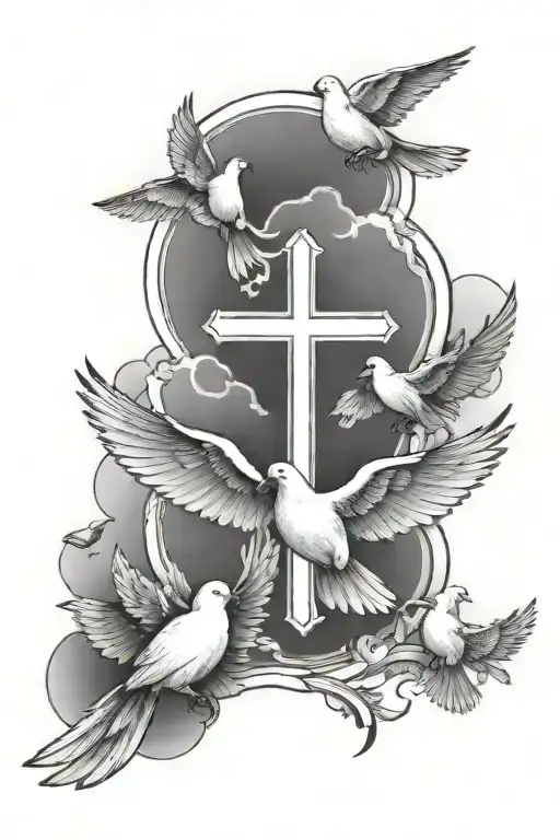 simple cross with doves flying and clouds with light beams  tattoo design idea