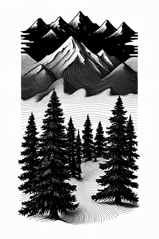 Design: A fine-line topographic contour map with minimalist pine trees, mountain peaks, and wind-like lines. tattoo design idea