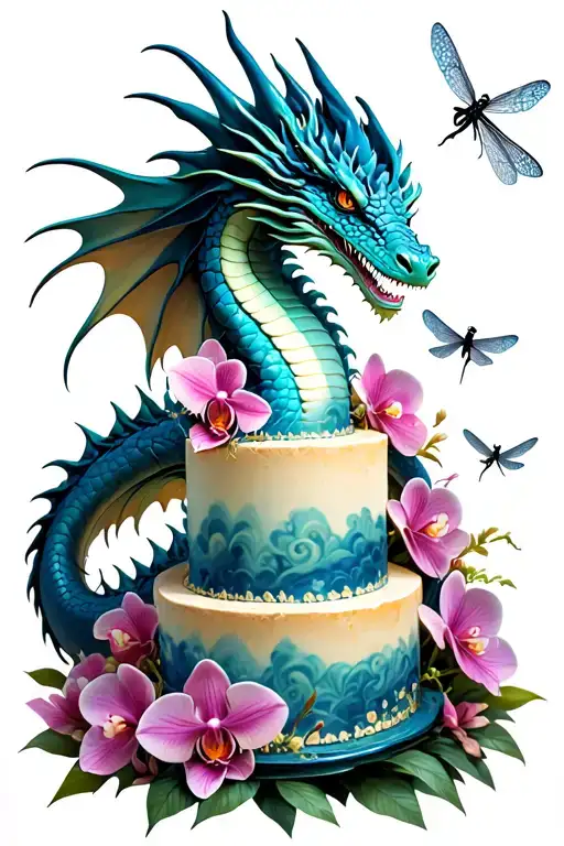 A dragon wrapped around a towering cake, with orchids and dragonflies flying around it tattoo design idea