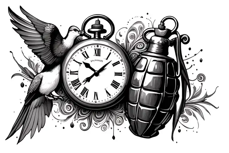 dove and grenade smashed pocket watch paisley pattern tattoo design idea