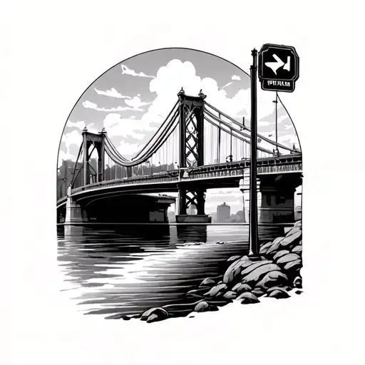 bridge with flowing river surrounded and street sign tattoo design idea