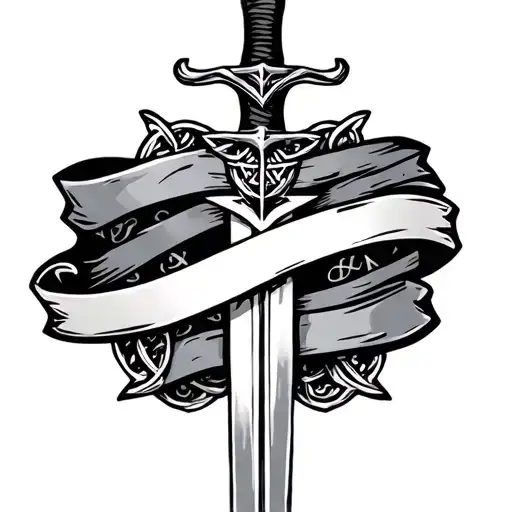 old Irish sword with Gaelic design down the blade, banner wrapped around the sword tattoo design idea