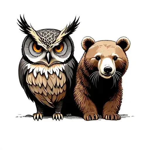 an owl next to a polar bear next to a brown bear next to a cat tattoo design idea