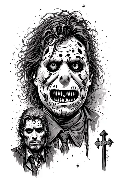 Horror movie character leg sleeve, include freddy kruegar, jason, emaphasis leperachaun, evil dead, pet cemetery tattoo design idea