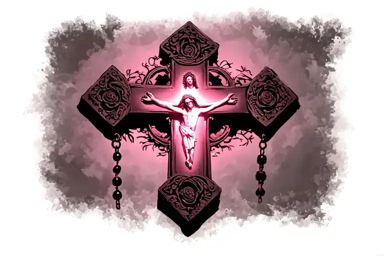 Pink, jesus christ cross, rosary symbol shadow light, noir et blanc tattoo design idea