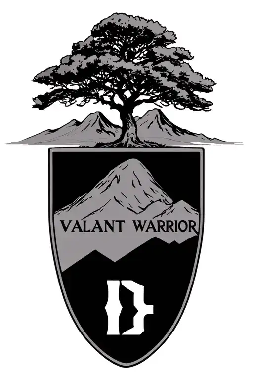 a wide spread Cyprus tree with mountains in the background set in a shield with the Greek letters for "valiant warrior"  tattoo design idea