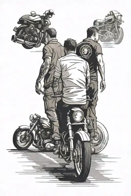 father and two sons walking on the street scene. car race and motor bike symbols around them. two hands of a married cou tattoo design idea