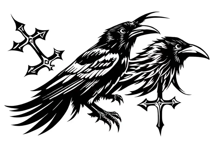 raven with 3 crusafix incorporated native american tattoo design idea