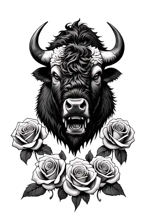 big bison face coming out of storm with 3 roses intertwined tattoo design idea