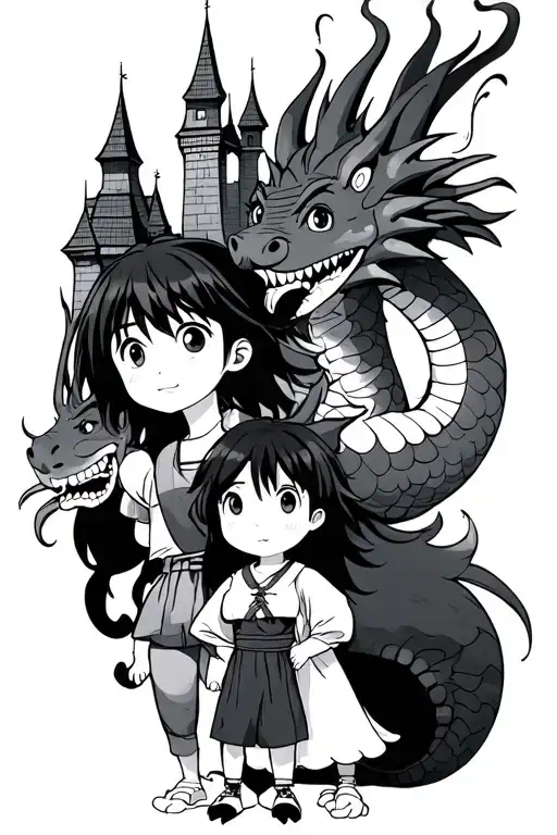  Chihiro with Haku (dragon), Howl's moving castle in the background, and Ponyo with Sosuke below.  tattoo design idea
