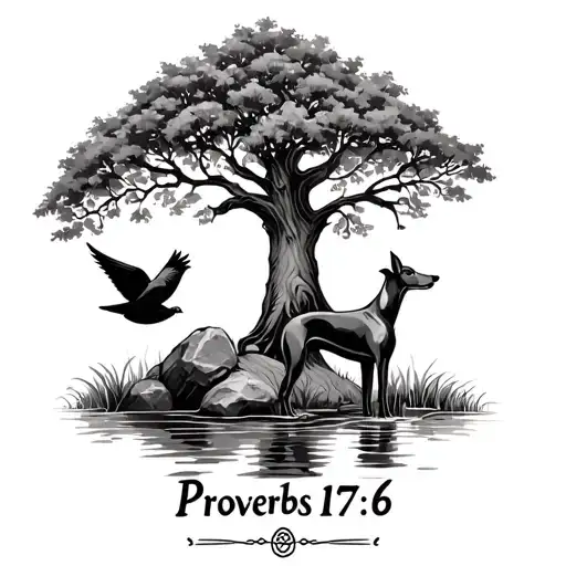 "Proverbs 17:6" "Proverbs 17:6" Standing Greyhound, little rock and dove under oak tree. Grass surrounded by water at base of tree. Celtic knot border.  tattoo design idea