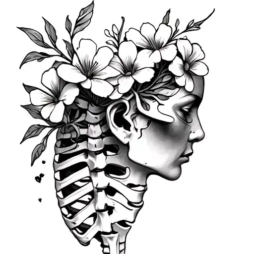 tattoo of cervical vertebra with flowers sprouting out of the top, black and white simplistic tattoo design idea