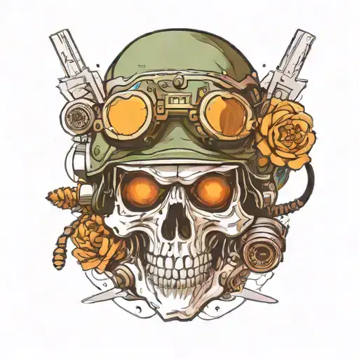 A skull in a military helmet with night vision goggles tattoo design idea