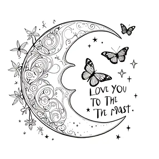 butterflies, fancy lines, stars, a moon and the saying love you to the moon and past tattoo design idea