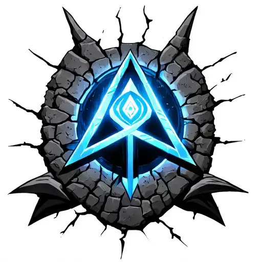 "Dark Valknut tattoo glowing with blue light, embedded into a cracked stone wall with Norse curses engraved around it, s tattoo design idea