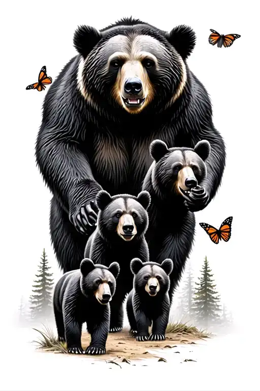 Papa bear and 3 black bear cubs and 2 monarch butterfly walking in the wilderness trees tattoo design idea