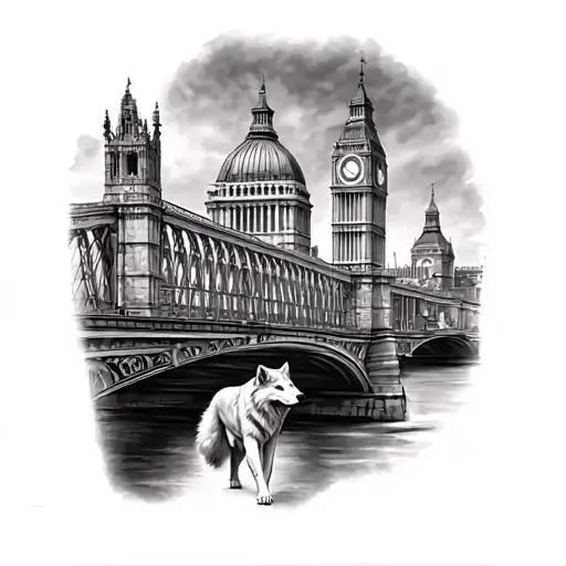 A lone wolf which walks on the Millennium Bridge in London, with St. Paul cathedral in the back, on the left side tattoo design idea