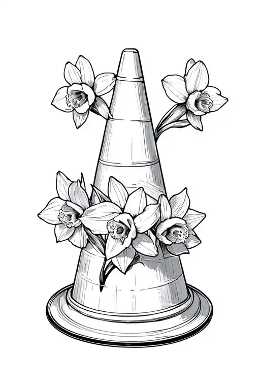 traffic cone with narcissus flowers and playing cards tattoo design idea