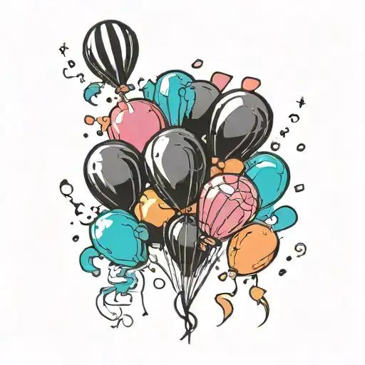 black balloons with colored balloons behind, all attached to a weight tattoo design idea