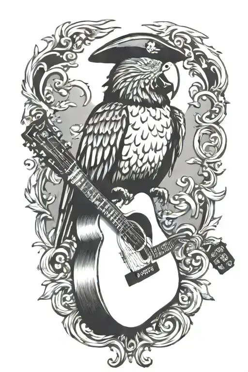 parrot pirate hat perched on guitar tattoo design idea