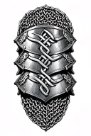 three overlapping armor shoulder sections with celtic knots. behind the armor is chainmail. medieval, gothic tattoo design idea