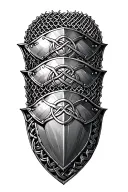 three overlapping armor shoulder sections with celtic knots. behind the armor is chainmail. medieval, gothic tattoo design idea