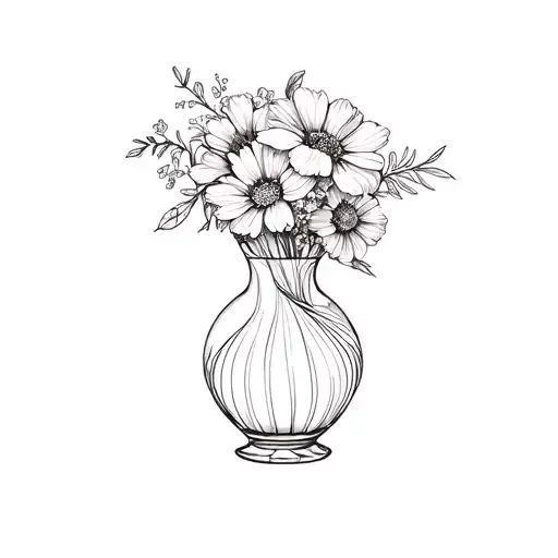 Vase with birth flowers for february, march, april, november for bouquet with G on the vase in cursive fine line tattoo tattoo design idea