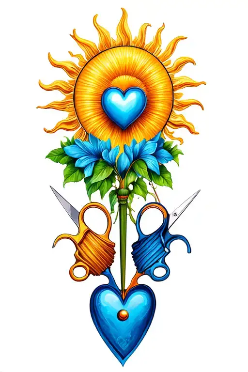 thistlefink, blue heart, boy and girl, scissors, ajax, sun, tattoo design idea