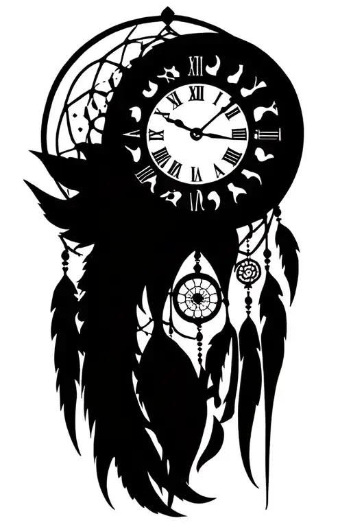 tribal dream catcher combined with old clock face tattoo design idea