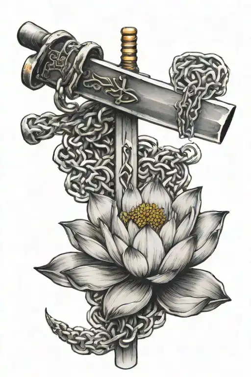 japanese symbol for love stabbed by katana with chain and lotus accnets tattoo design idea