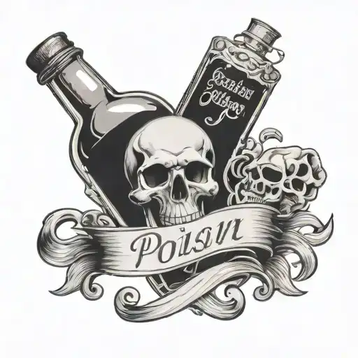 Poison Bottle label says Pretty Little Poison with a badass skull tattoo design idea