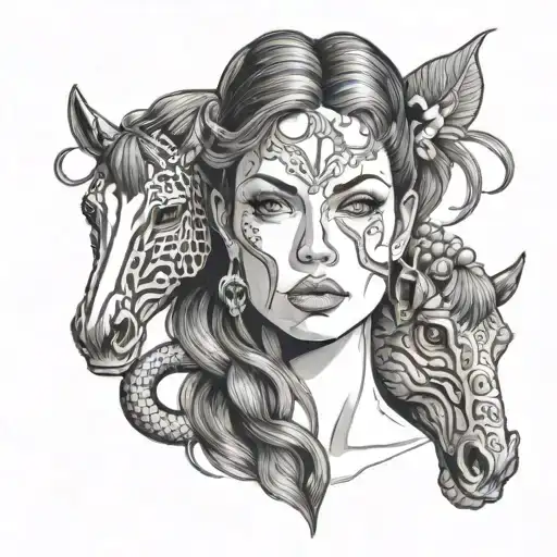 Front view of a woman's face carrying a snake and a horse tattoo design idea