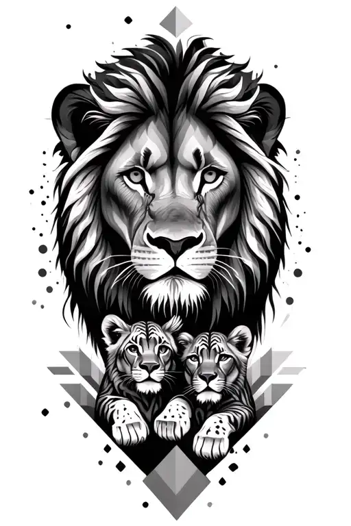 A lion with 2 baby lion cubs surrounded by loads of geometric patterns  tattoo design idea