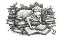 dark academia with lamb laying peacefully featuring books tattoo design idea